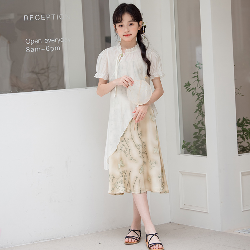 National Trend - Children's Clothing, Girls' Hanfu dress, Chinese style Irregular two-piece set, Summer improved Tang suit, children's cheongsam dress details Picture