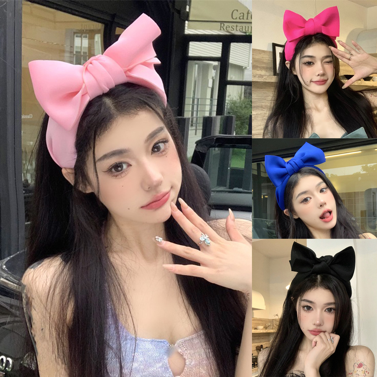 Pink oversized bow hair accessory, a sweet and elegant hair band for ladies, a high-end amusement park high head photo prop headwear full figure