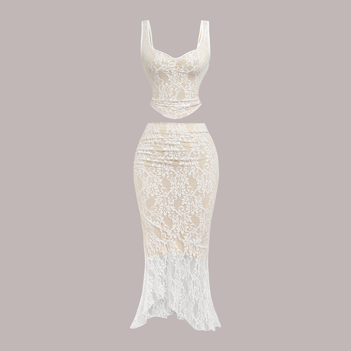 Cross-border best-selling women's dress set: White lace vest fishtail dress two-piece dreamy women's suit
