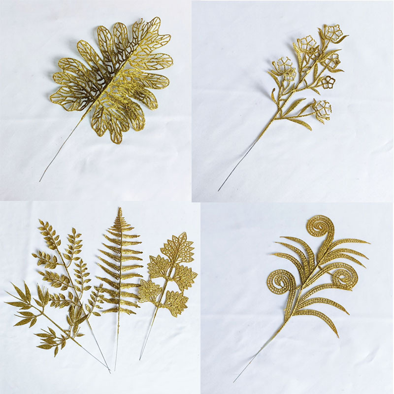 厂家直供圣诞金粉叶片节庆装饰假树叶仿真植物金葱粉树枝金色叶子