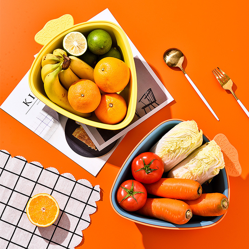 Cartoon Double Drain Basket Kitchen Hollowed Out Vegetable Washing Portable Fruit Basket Storage Basket Washing Basin Water Filter Basket Thickened details Picture