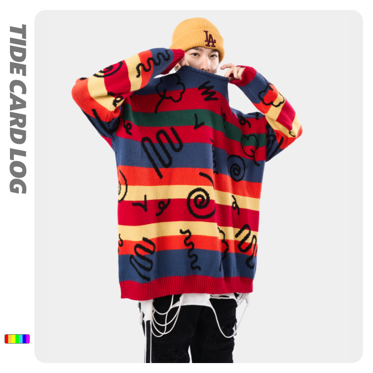 The new autumn and winter collection features round-neck, colorful striped couple sweaters. It is an original trendy brand high street loose and unisex quality knitted sweater details Picture