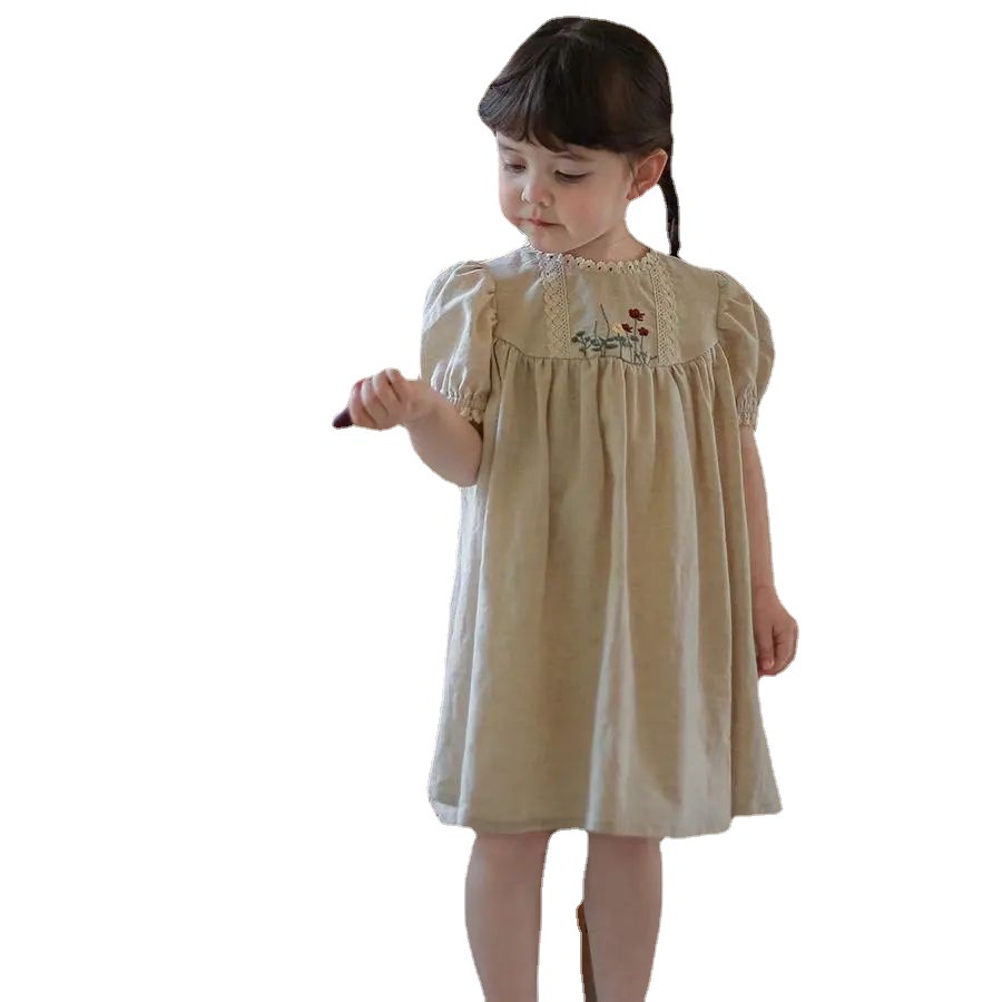 A cotton and linen embroidered puffed-sleeve dress for girls, a fashionable princess dress for children in summer, and a cute long dress for babies and toddlers Item Picture
