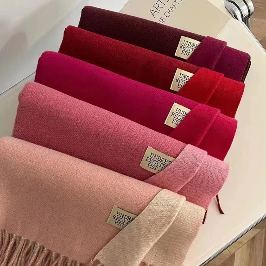 New Korean version double-sided solid color faux cashmere scarf for women, thickened scarf for autumn and winter, Japanese-style fringed fabric label scarf shawl Specification image