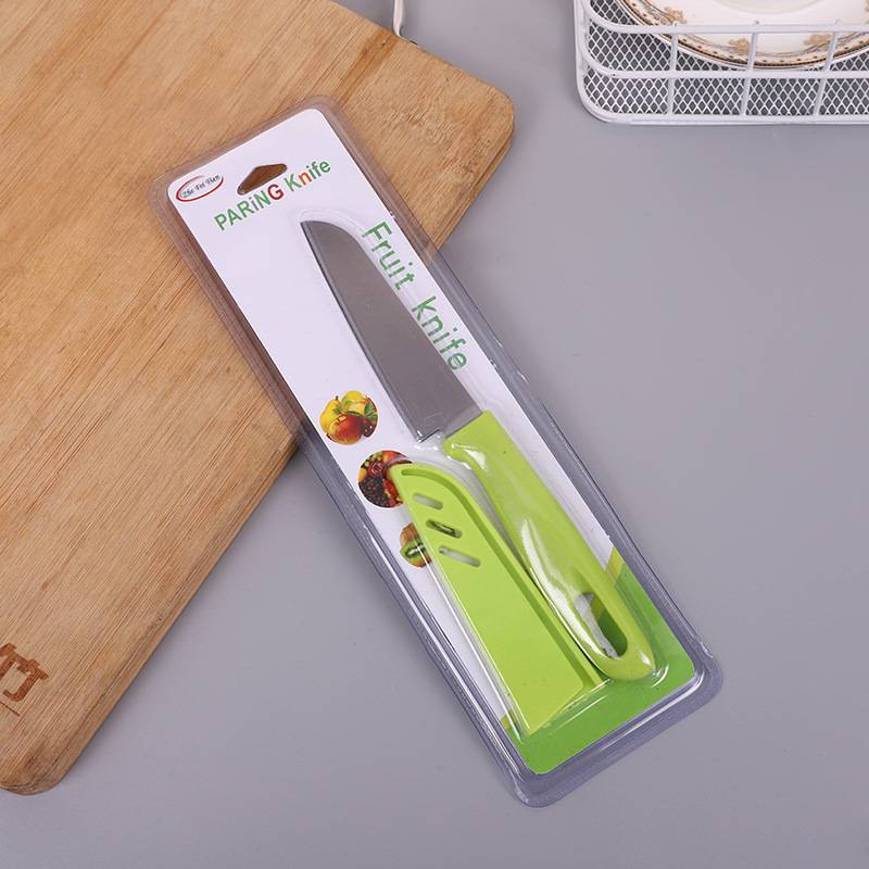 Bubble shell packing fruit knife candy color knife color knife melon and fruit knife peeling knife belt box tool 2 yuan store supply Specification drawing