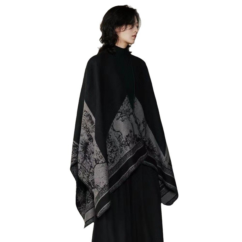Simple 2024 Niche Imitation Cashmere Dark Split Cape Autumn Winter Warm Men And Women Double-Sided National Wind Shawls Scarf Item Picture