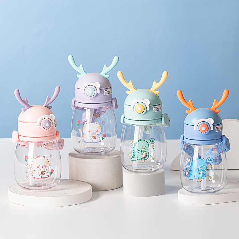 Eben Children's Student Water Cup With Straw Cute Dragon Baby Plastic Cup With Scale Portable Cartoon Kettle