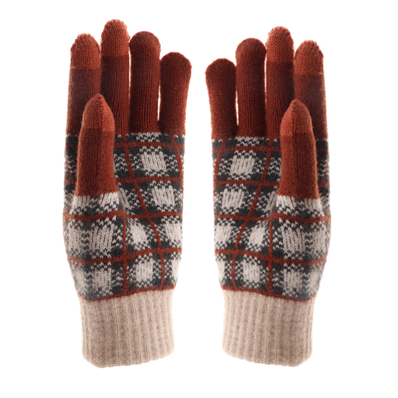 Otoño invierno adulto guantes calientes tejer jacquard tartan patchwork color plus peluche protección contra el frío pantalla táctil lana guantes de dedos divisores Item Picture