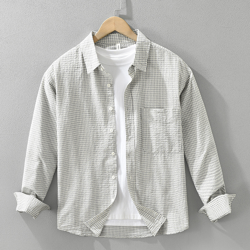 7376 Japanese style fresh checkered long-sleeved shirt for men, fashionable and versatile, casual and artistic loose top, one-piece consignment