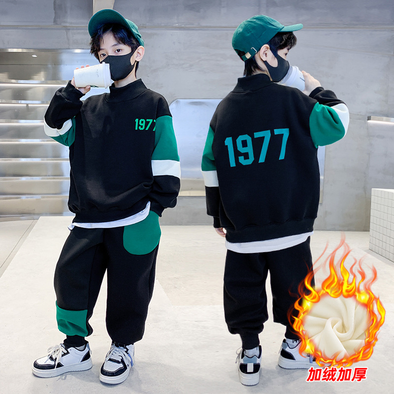 2022 Children's Clothing for Boys Autumn and Winter with fleece Set, Cool Big Boy Winter One-piece fleece Sweatshirt Two-piece Cross-border details Picture