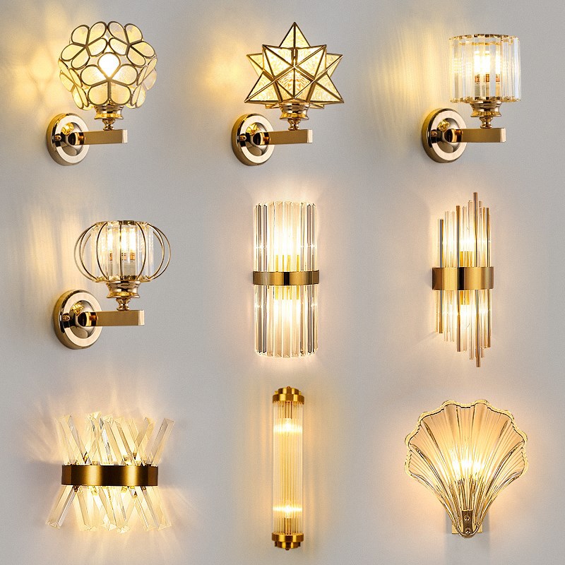 A pair of bedside wall lamps, a bedroom table lamp, a bedside lamp, a corridor light on the wall, a master bedroom wall lamp, and a high-end crystal lamp full figure