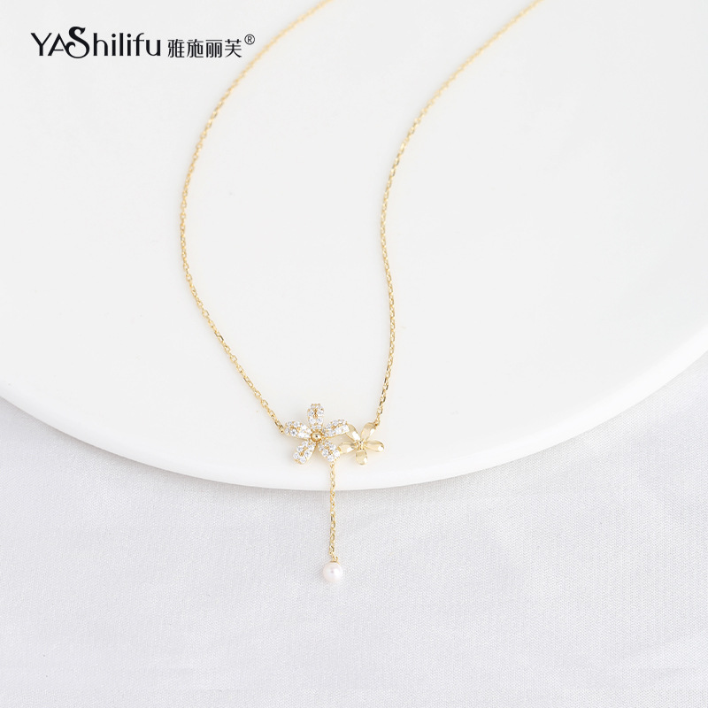 Yasriff Jewelry 925 silver freshwater pearl collar niche design twin flower Zircon pendant ins Wind necklace