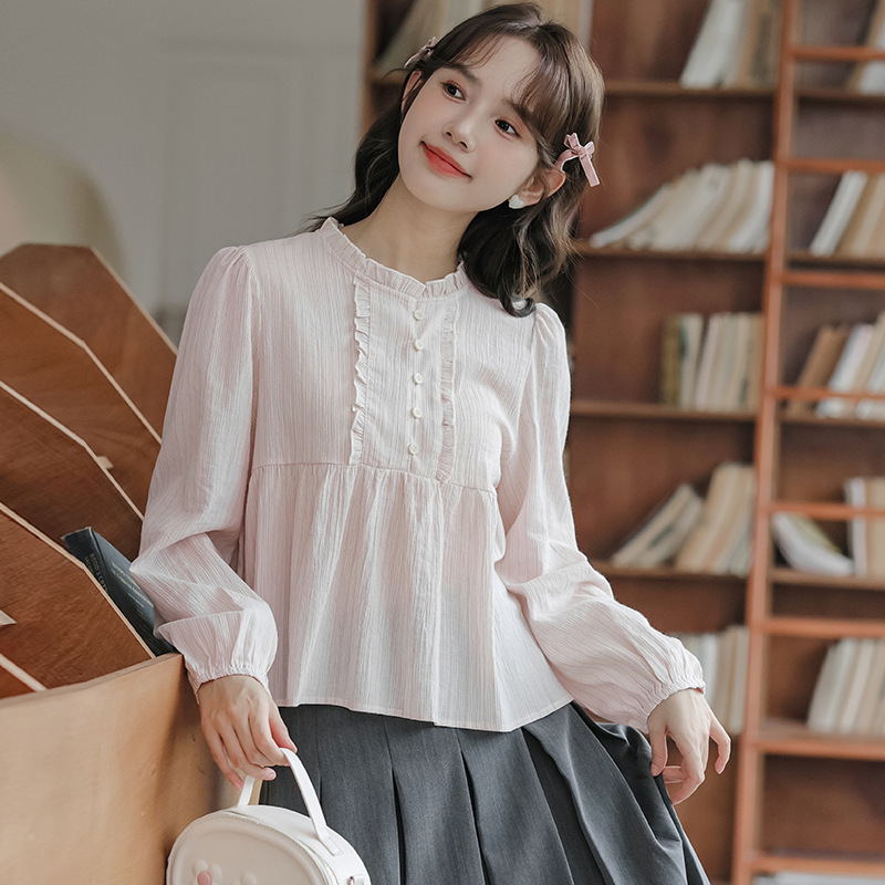 2023 Autumn new style sweet and fresh lantern sleeve lace patchwork round neck pullover long-sleeved striped doll shirt for women Specification image