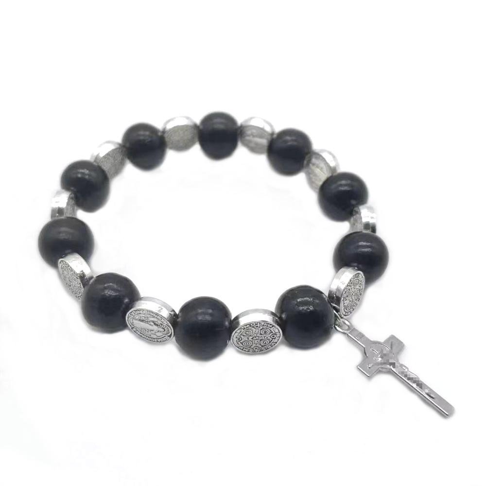 Europe And The United States Foreign Trade Amazon Hot Sell Cross Rosary Bracelet Wooden Beads + Saint Benedict Bracelet For Men And Women Couples Gift Elastic Beaded Jewelry Manufacturers Wholesale