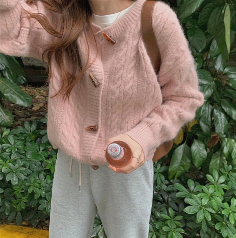Horn Button Twist Sweater Coat Women's New Autumn And Winter Wear Solid Color Thin Round Neck Short Knit Cardigan Woman details Picture