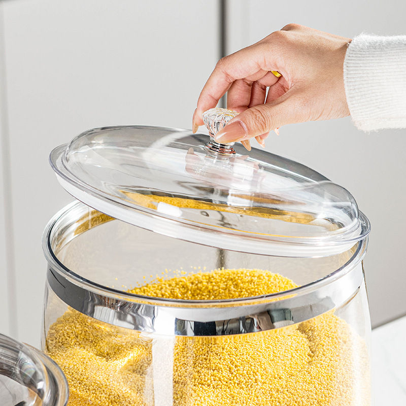 Waist-drum-shaped sealed PET rice bucket with steel ring, insect-proof and moisture-proof sealed bucket, food-grade transparent storage tank for coarse grains Specification image