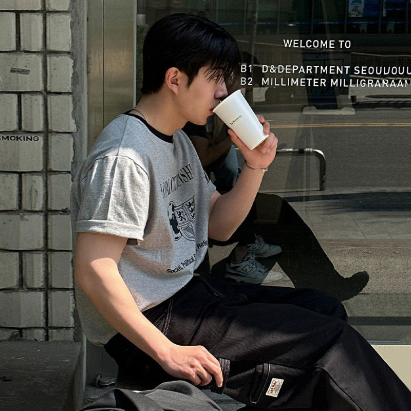 MYQ color-blocking design printed short-sleeved men's summer loose round-neck half-sleeved Korean-style casual commuting pure cotton T-shirt Specification image