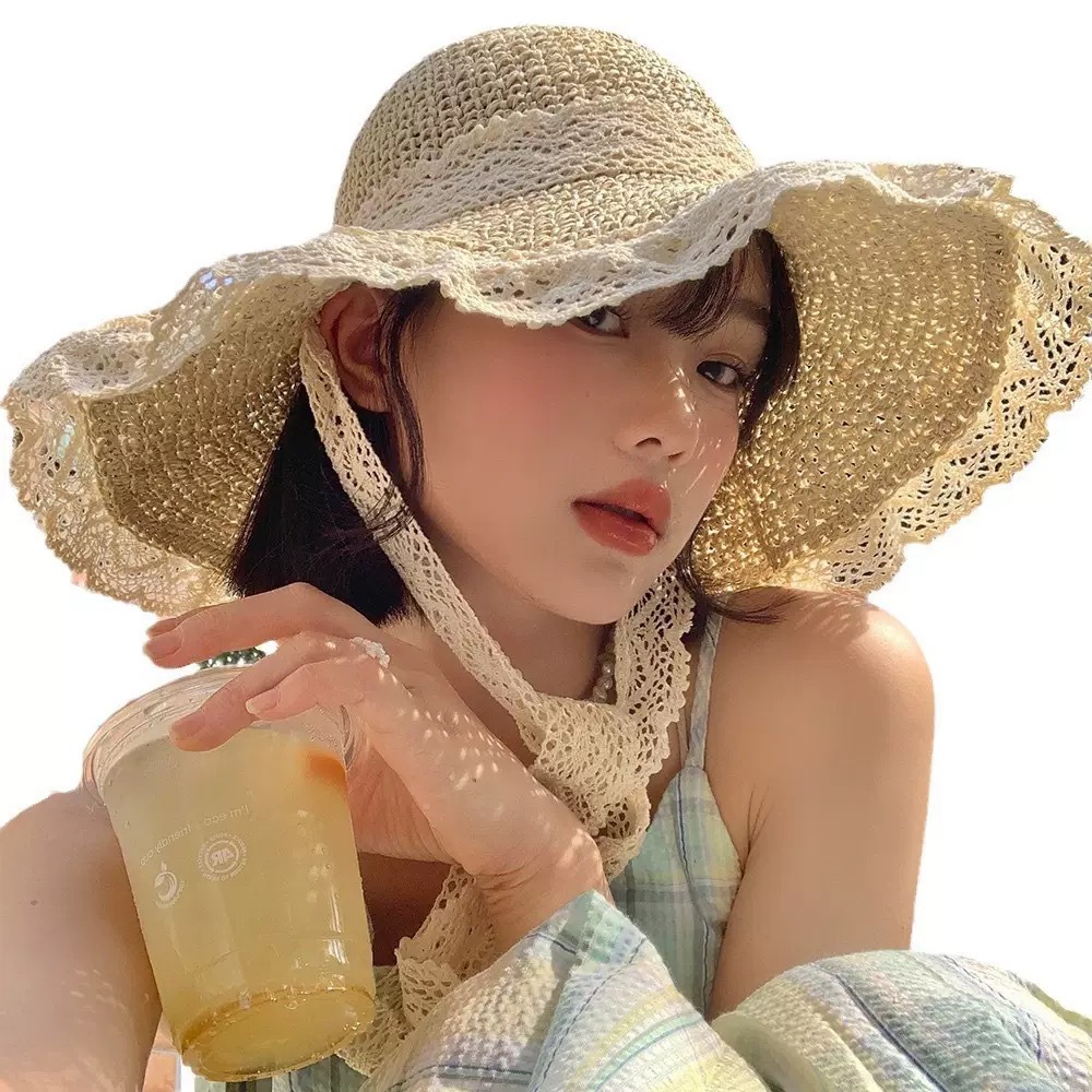 Brand [Sondona] Cross-border wholesale of sun hats and straw hats, lace lace beach hats, straw hats, women's summer rolled-up edges, seaside hollowed-out Lafite sun hats, large brims Item Picture