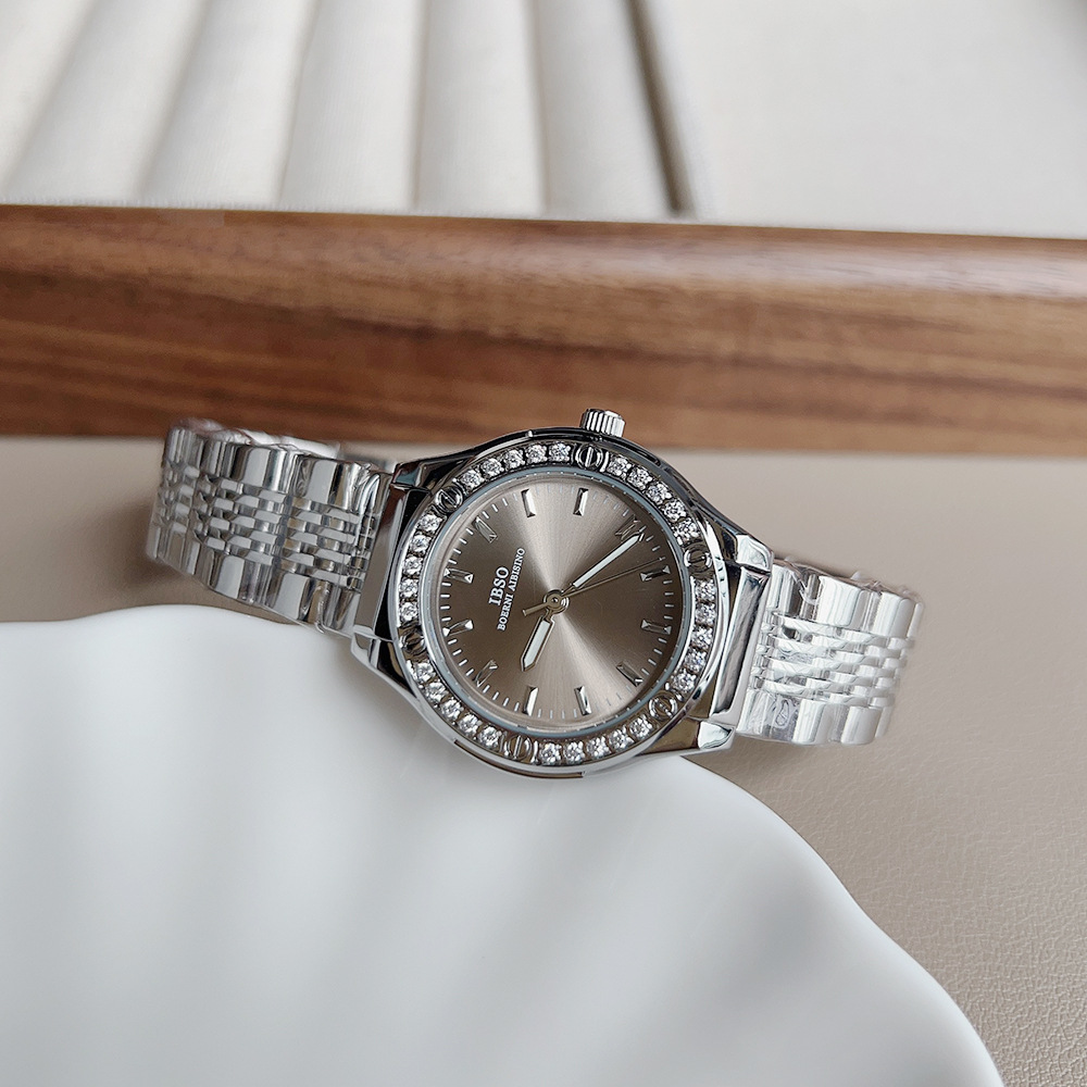 IBSO/ Aubisino's new steel band women's watch with diamond-encrusted dial, silver-gray, high-end cross-border trade watch 6638