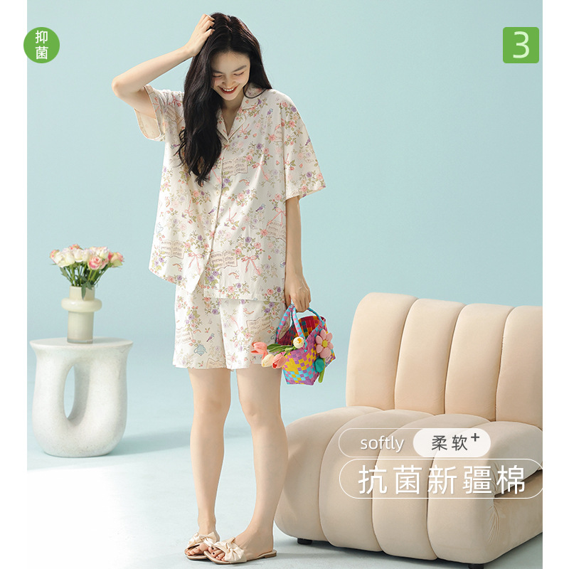 【 Antibacterial Xinjiang Cotton 】 Spring and summer pajamas, summer pure cotton women's Class a cartoon style Stretched-frame cotton short-sleeved home wear