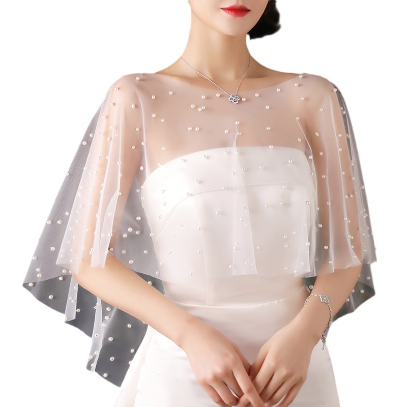 Bride Dress Shawl Wedding Hand-Made Pearl Float Yarn Cloak Wedding Studio Photo Registration Photo Props Woman Item Picture