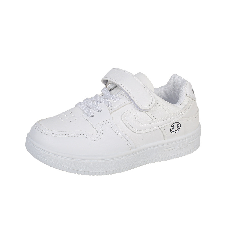 New children's school leather white sneakers, casual and versatile, large and medium-sized children's board shoes, running shoes, Velcro solid color sneakers Item Picture