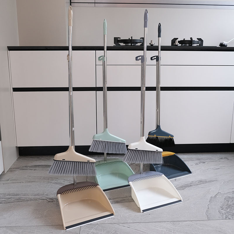 Multi-color broom and dustpan combination cleaning tool, plastic broom, household splicing rod, easy to store, stainless steel rod details Picture