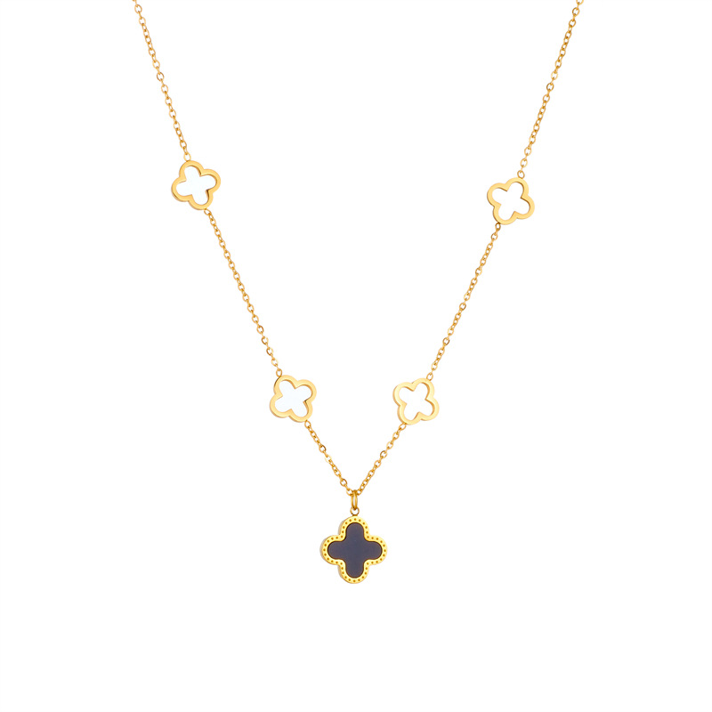 A niche design double-sided four-leaf clover titanium steel necklace with a fashionable and elegant feminine touch, featuring a light luxury hollowed-out flower mother-of-pearl collarbone chain and a personalized accessory Item Picture
