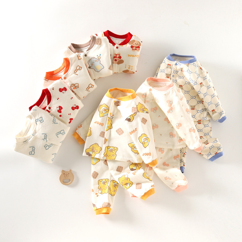 秋冬款婴儿高腰套装夹棉无骨缝男女宝宝分体40克薄棉新生儿两件套