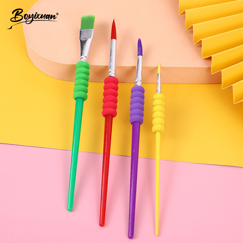 Candy-colored 4-piece nylon oil painting brush with sponge coil, easy to grip, children's DIY graffiti gouache card suction brush set Specification image