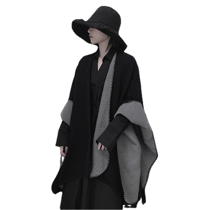 Black Huaguangyue 22 Classic solid color faux cashmere shawl cape, artistic youth shoulder style blanket cape Item Picture