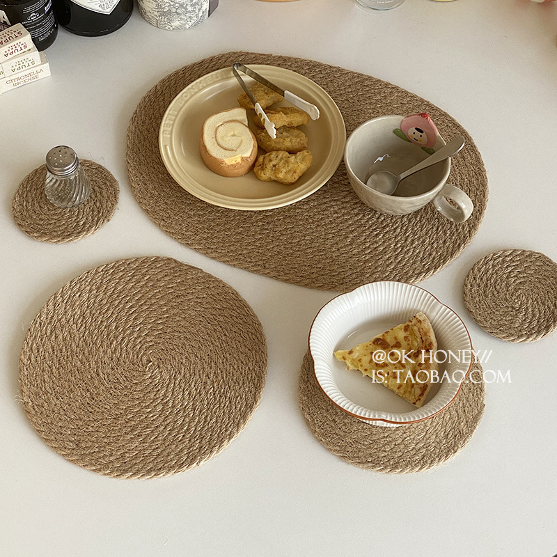 日式亚麻编织餐垫餐桌隔热垫子锅垫碗垫隔热防烫大尺寸亚麻草编织