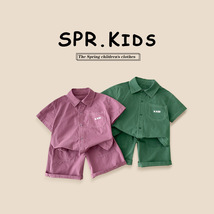 儿童短袖套装2024夏季新款韩版男童纯色绣花衬衫上衣短裤两件套潮
