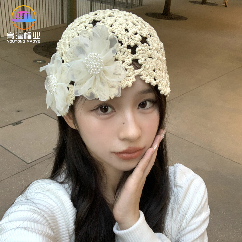 Summer thin Korean-style hollowed-out pearl flower hand-knitted headpiece hat for women, sweet, cute, fashionable and niche hat