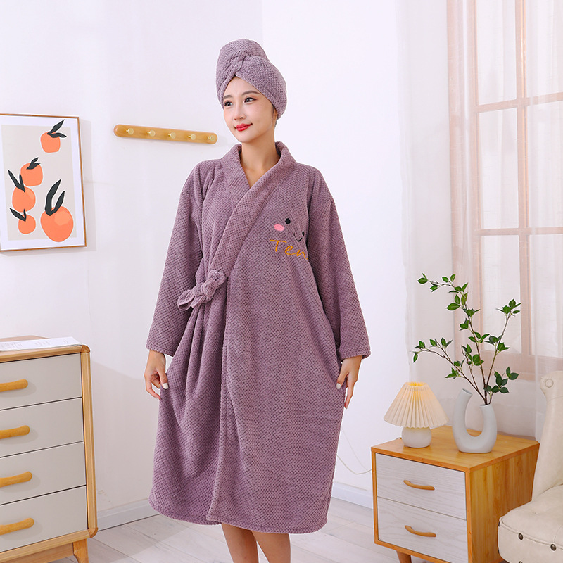 Winter bathrobes, ladies can wear bath towels, coral fleece thickened home cross-tied long-sleeved bath skirts, and wholesale dry hair caps Specification image
