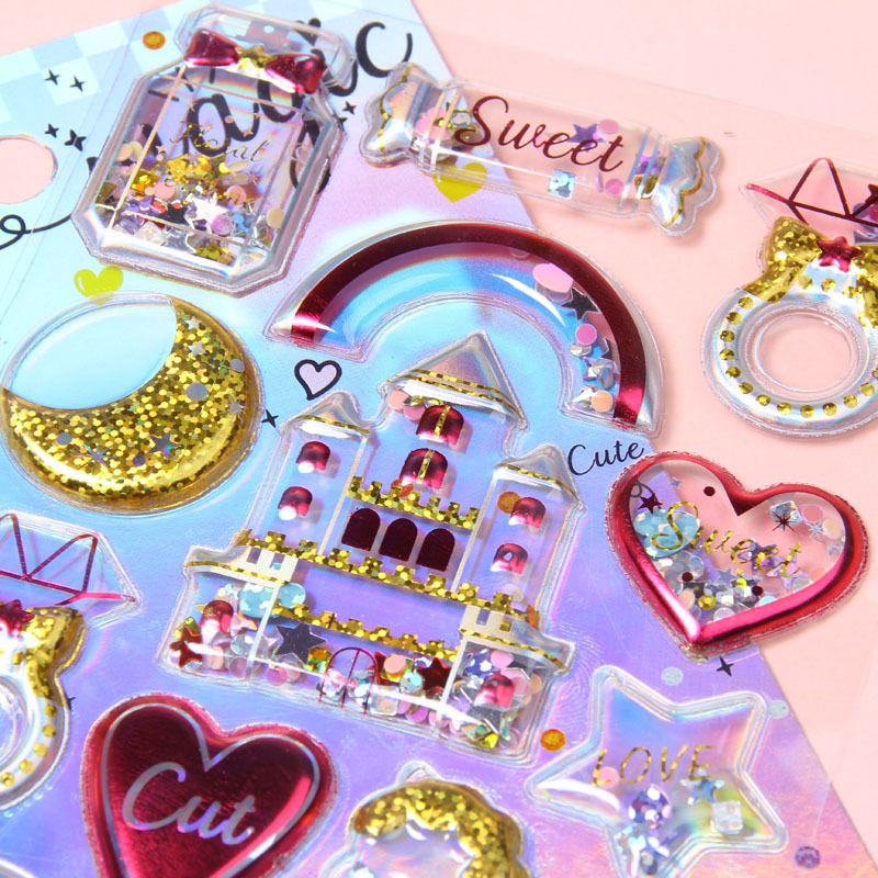 Shiny gold-embossed cute stickers, 3D crystal shaking gemstone stickers, children's mobile phone decorations, Ins-style stickers details Picture