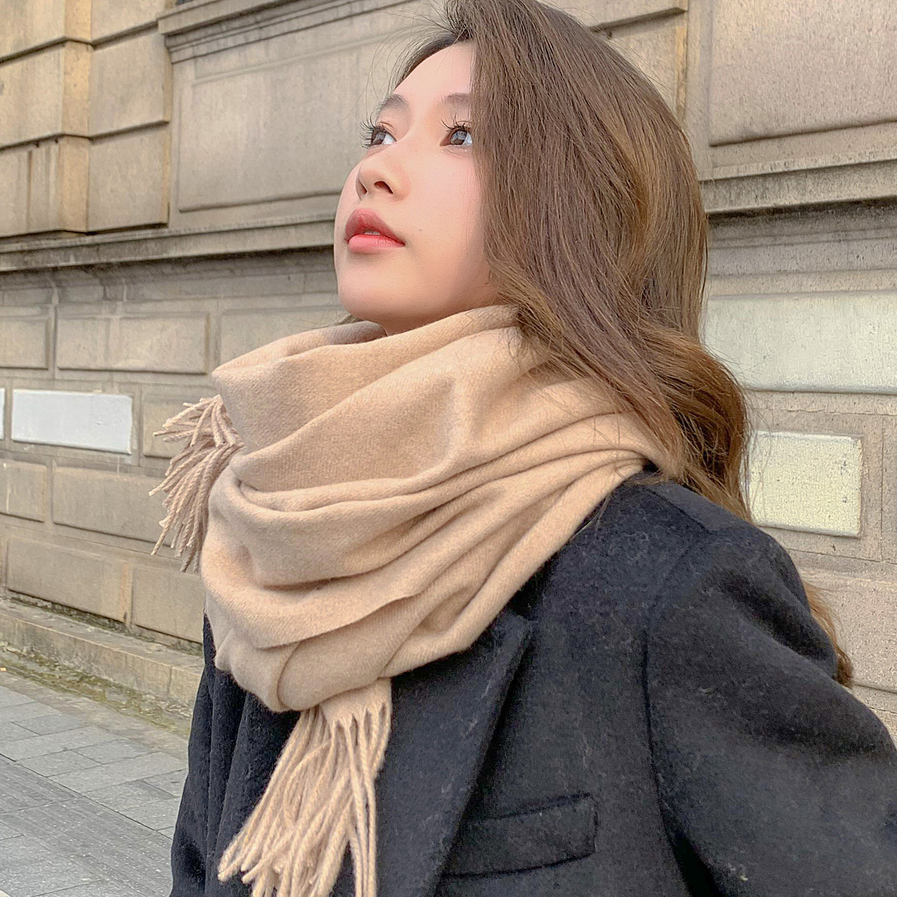 Solid Color Wool Scarf Women's Autumn/Winter Tassel Air-Conditioned Room Shawl Green Red Winter Men's Cashmere Scarf Wholesale Specification drawing