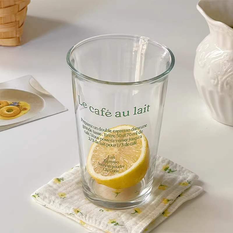 350ml glass cup, milk cup, high appearance level, ins style transparent cup, office household water cup with letter cup details Picture