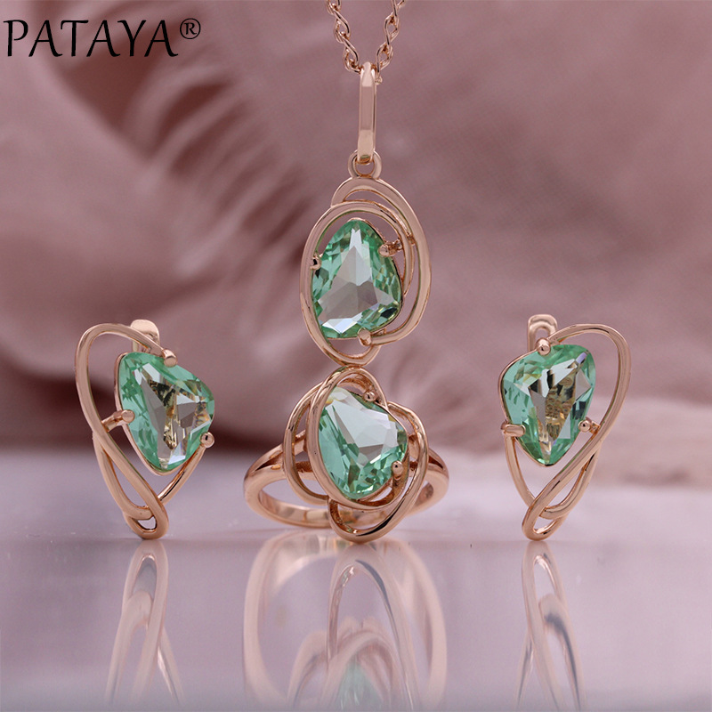 PATAYA's new set of exquisite green zircon earrings, rings, pendants and necklaces, 585 rose gold ladies' accessories
