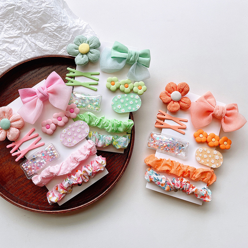 Korean Cute Fabric Flower Children's Hairpin Set Spring Color Bow Fringe With Floral Pleated Scrunchie details Picture
