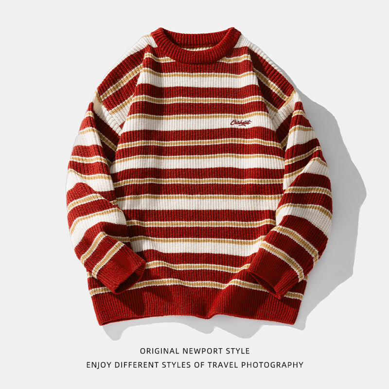 Retro color-blocking striped chunky knit sweater for both men and women, Japanese loose trendy round-neck knitted sweater jacket for autumn and winter Item Picture