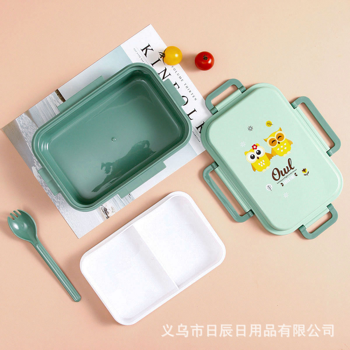 猫头鹰卡通塑料/密封分格轻食餐盒/带移动隔板/ml吸管水壶/小巧便携/安全可靠/漂亮卡通/精致实用/质量保证/实惠优选产品图
