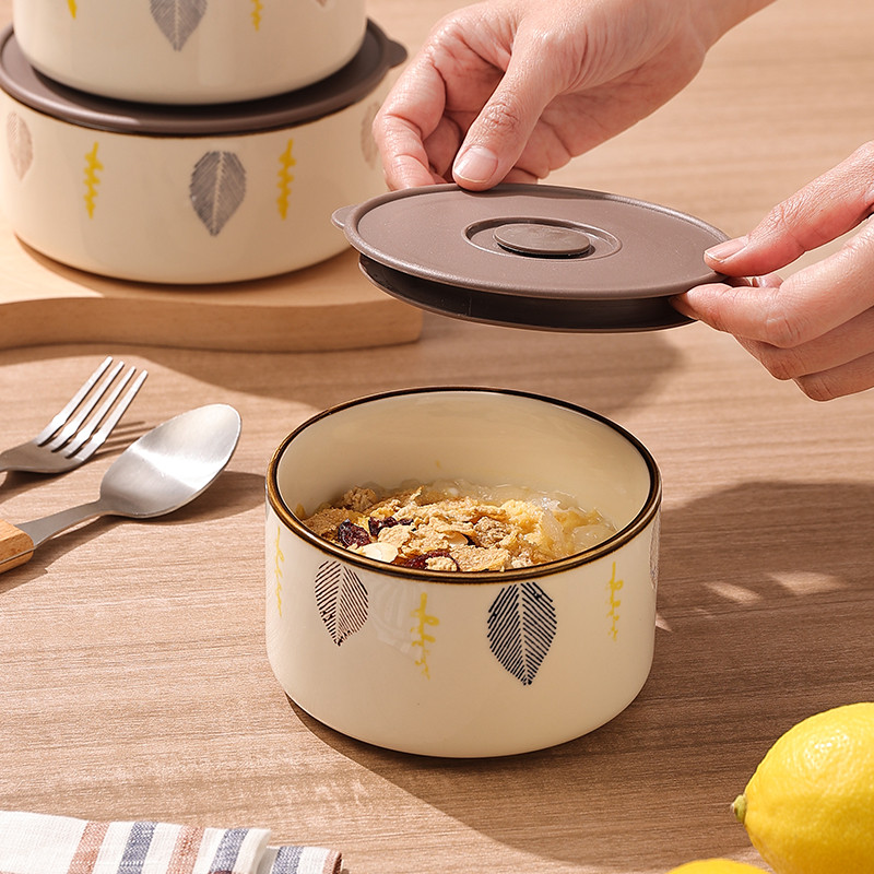 7Bd Ceramic Fresh-Keeping Bowl With Lid Sealed Three-Piece Vegetable Salad Bento Box Microwave Lunch Box Round Instant Noodles details Picture