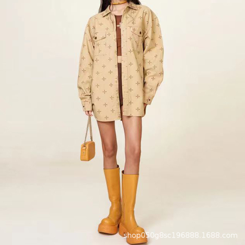 SMFK Garden wide-sleeved workwear shirt, retro college cross print, loose pure cotton long-sleeved shirt for women's spring style details Picture