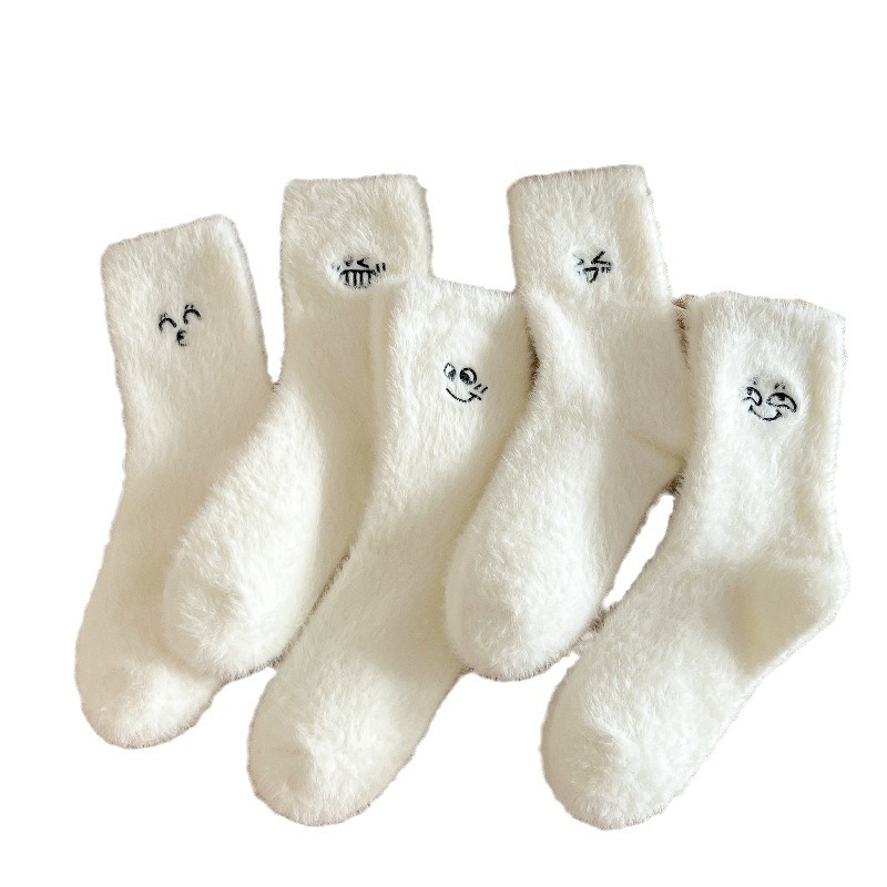 Mink fleece socks for women, thick and cold-proof, versatile home floor socks, expression embroidered fleece mid-calf socks Item Picture