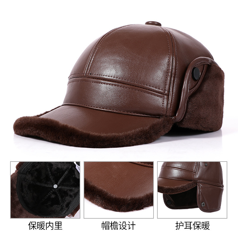 Middle-Aged And Elderly Pu Hat Male Winter Grandpa Warm Lei Feng Hat Plus Velvet Thick Leather Hat Old Ear Cap details Picture