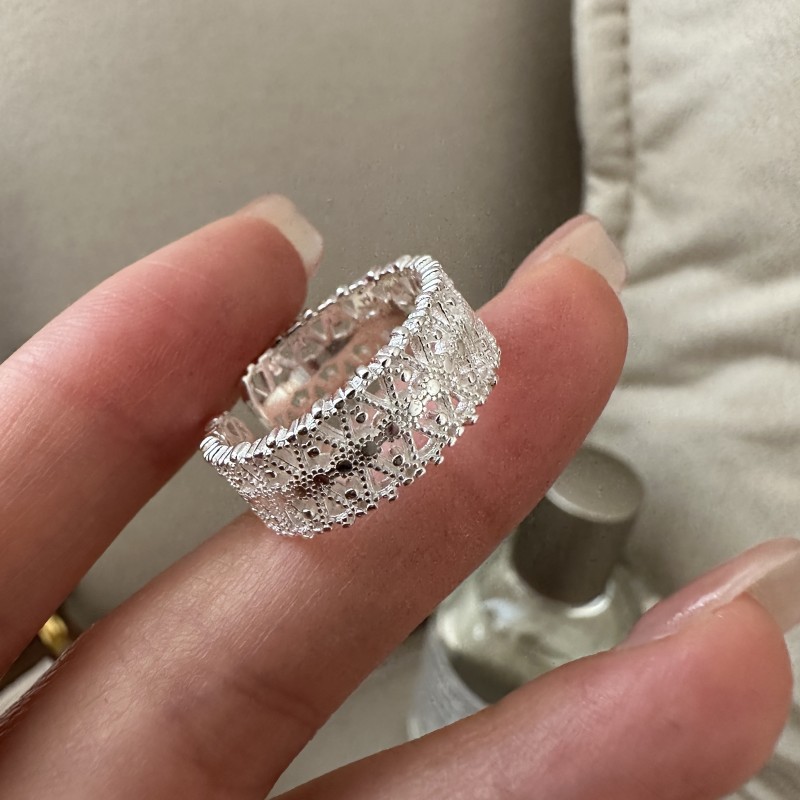 S925纯银韩版小众设计感花纹蕾丝戒指韩国风简约时尚指环复古指环