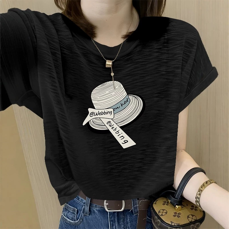 2026 Summer New loose and slimming cartoon print T-shirt, ins Korean style versatile bamboo cotton women's short-sleeved top details Picture