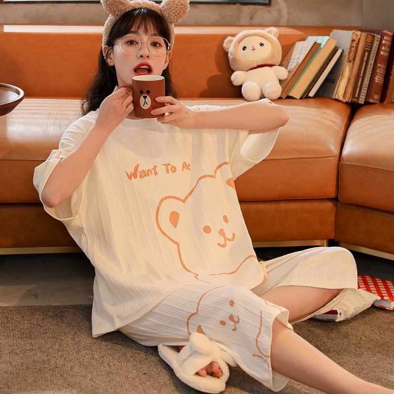 Summer cotton thin short-sleeved capri pants for women, Korean-style casual spring and autumn large-sized home wear that can be worn outside