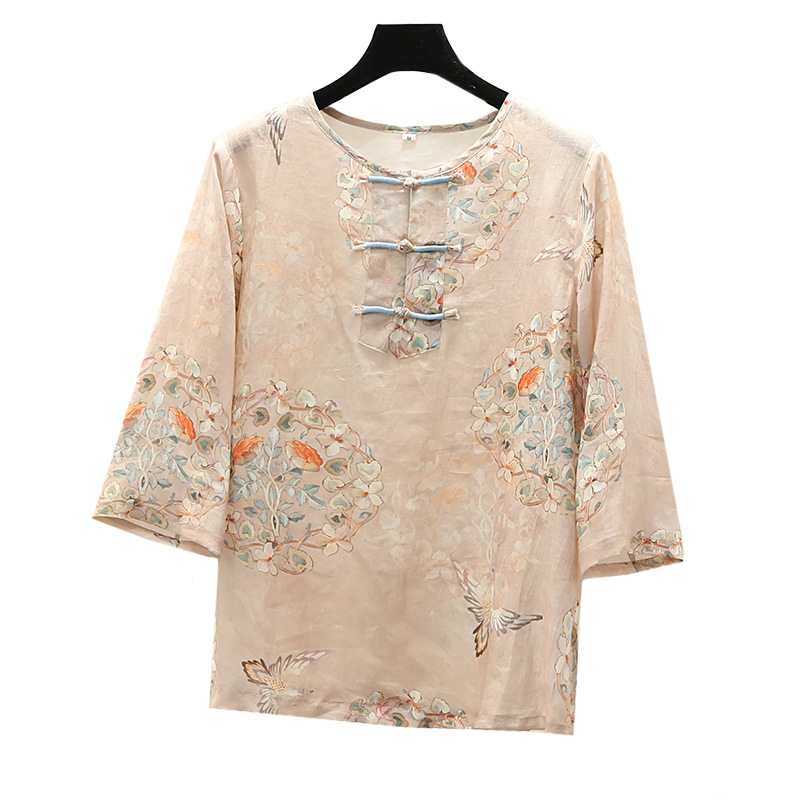 Chinese-style ramie retro spring short top for women with a button-up design that makes them look younger. A trendy cotton and linen unique shirt Item Picture